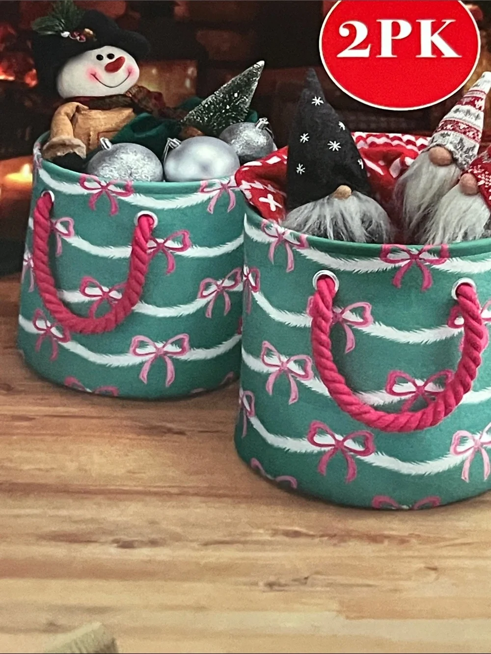 Merry Moments Green & Pink Holiday Canvas Bin - 2 Pack Rope Handles NWT